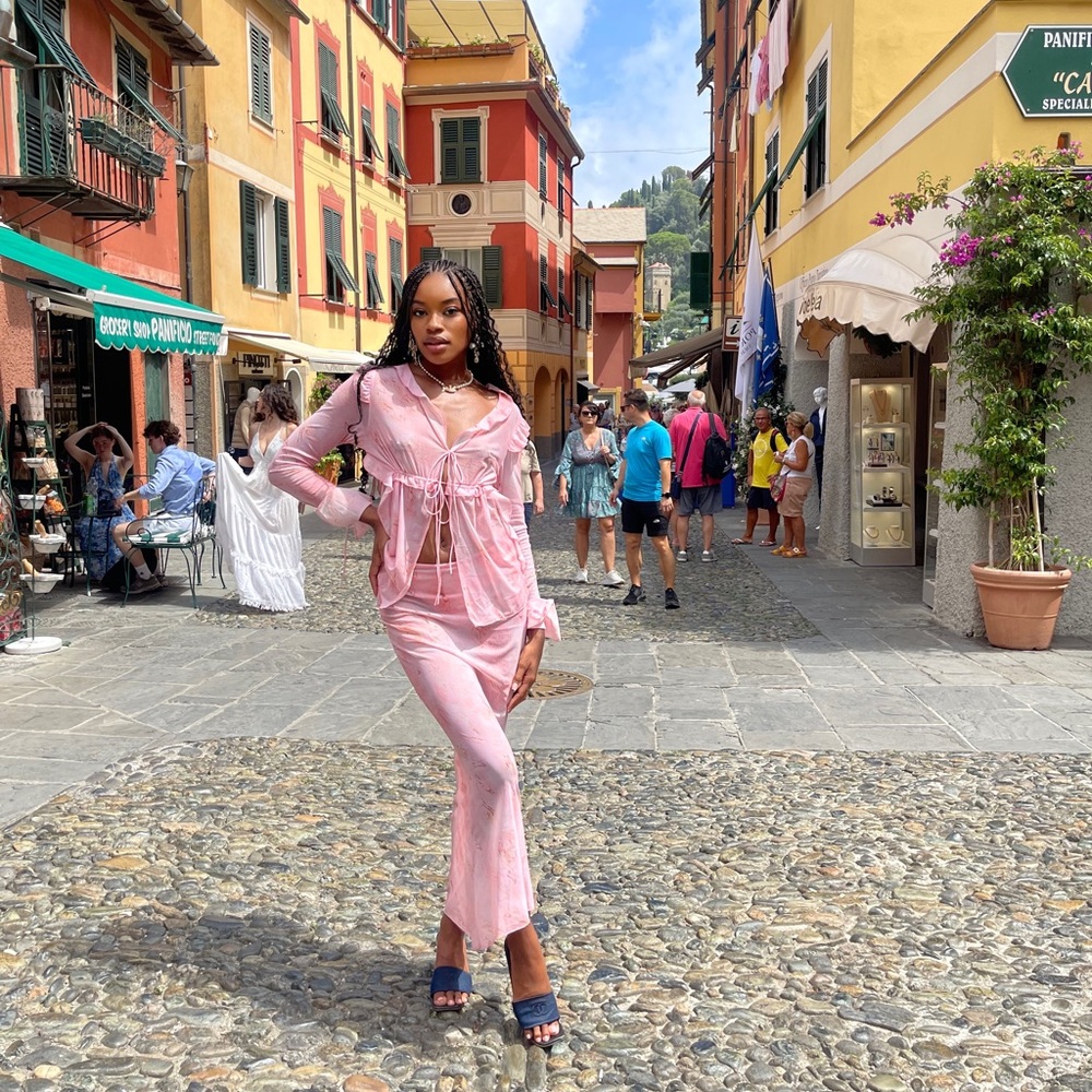 Pink Mesh Snake Print Top & Long Skirt set